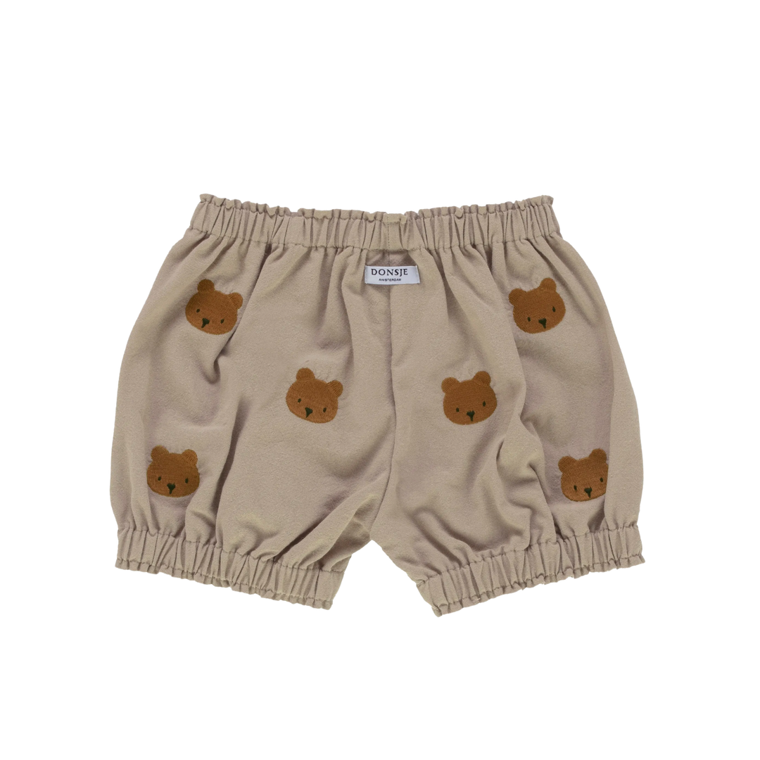 Donsje Carson Bloomers Bears dusty green Ansicht von hinten mit Blick auf die aufgstickten Bären und dem angenähten Label von Donsje