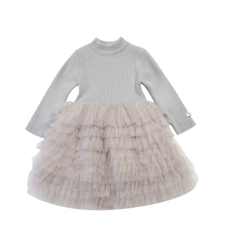 langärmeliges Kleid für Mädchen mit Stufen-Tüllrock bis zu den Knien und Turtleneck in hellgrau