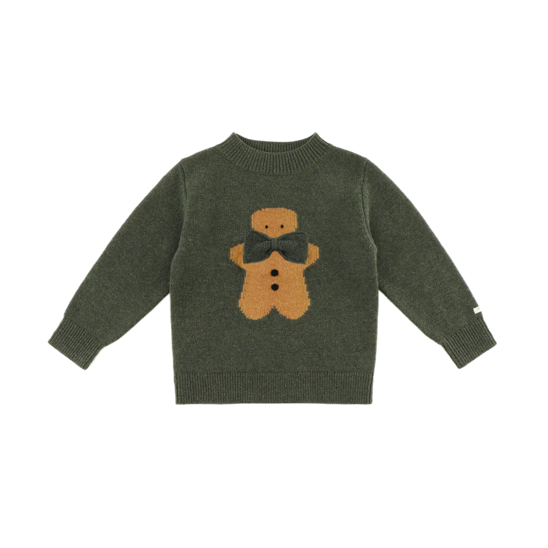 Pullover für Kinder aus Merinowolle in dunkelgrün mit hellbraunem Lebkuchenmann 