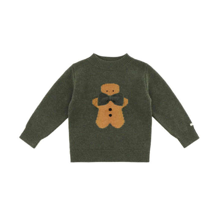 Pullover für Kinder aus Merinowolle in dunkelgrün mit hellbraunem Lebkuchenmann 