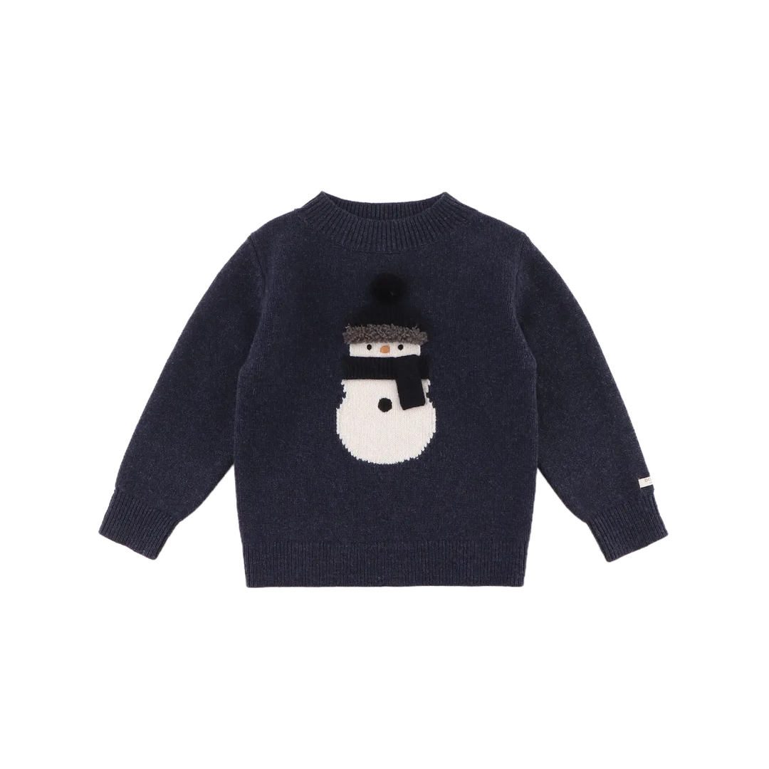 Strickpullover für Kinder aus Merinowolle in dunkelblau mit Schneemann-Motiv in weiß