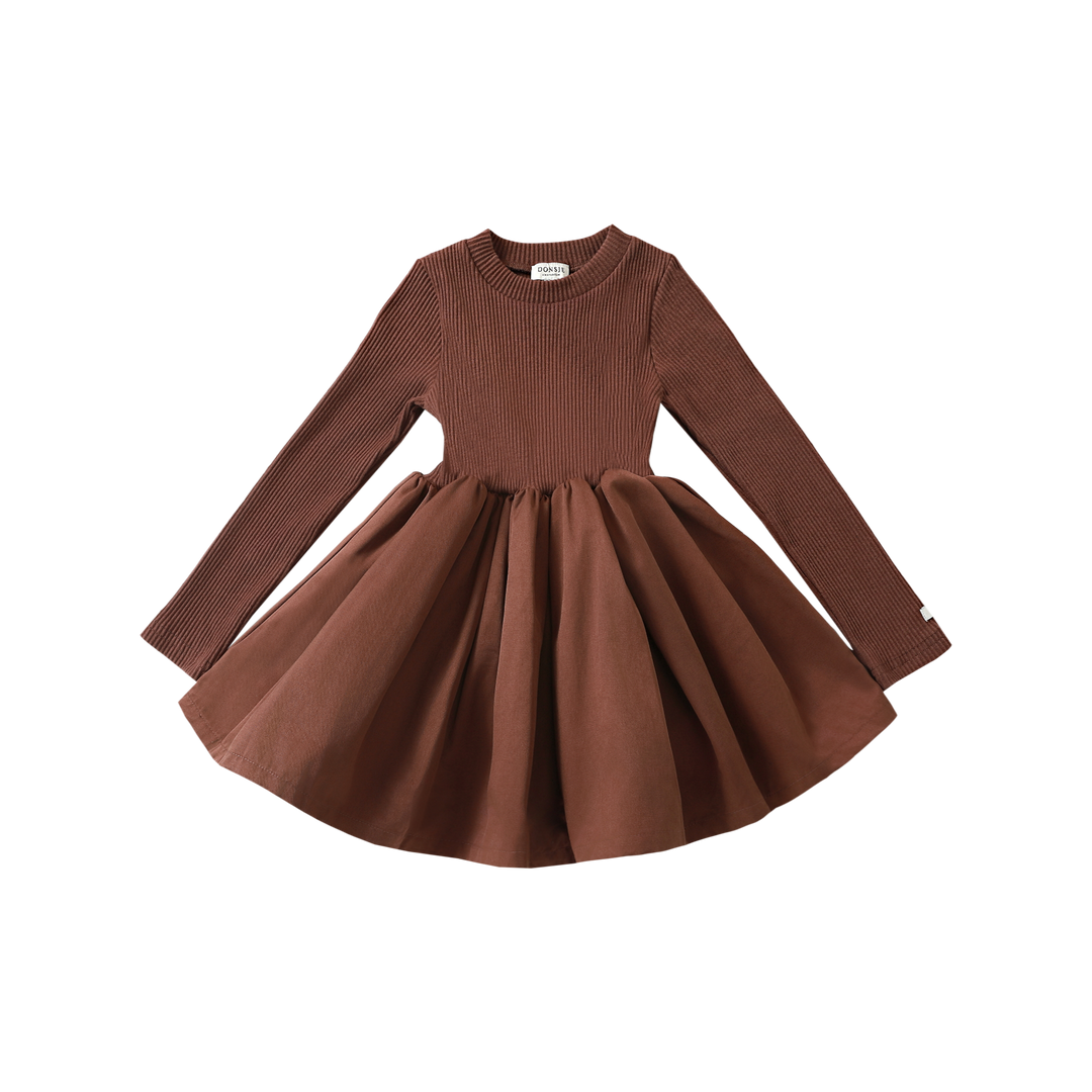 Kleid für Mädchen mit langärmeligem Oberteil aus Baumwolle mit Rundhalsausschnitt und gefüttertem Rock aus Polyester in rotbraun 