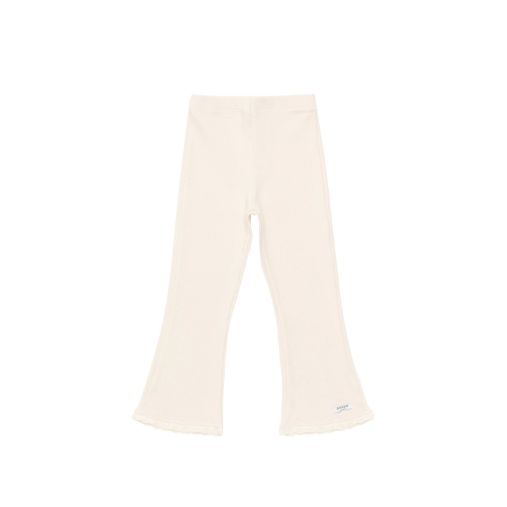 cremefarbenes Leggings fürMädchen aus Bio-Baumwolle mit ausgestelltem Bein und feiner Spitze am Saum, gerippte Jersey-Qualität