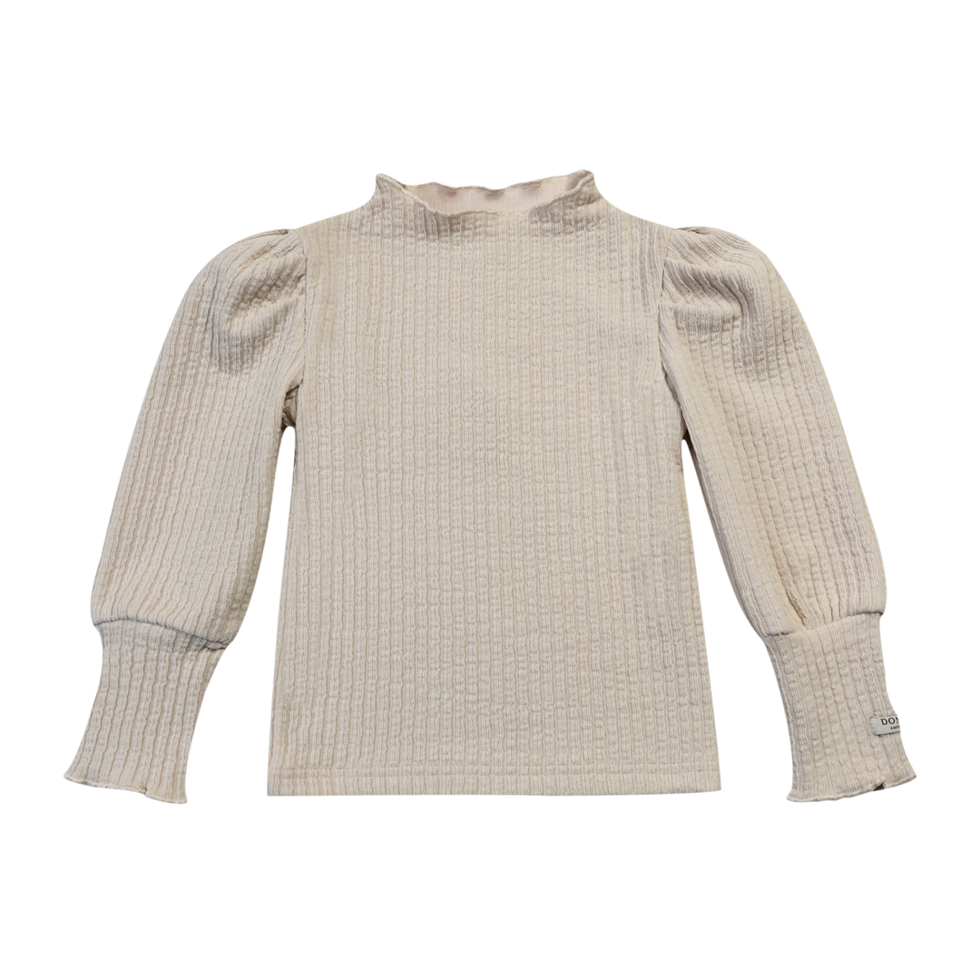 Langarmshirt für Mädchen in sandfarben mit gerippter Struktur, Turleneck und Puffärmeln