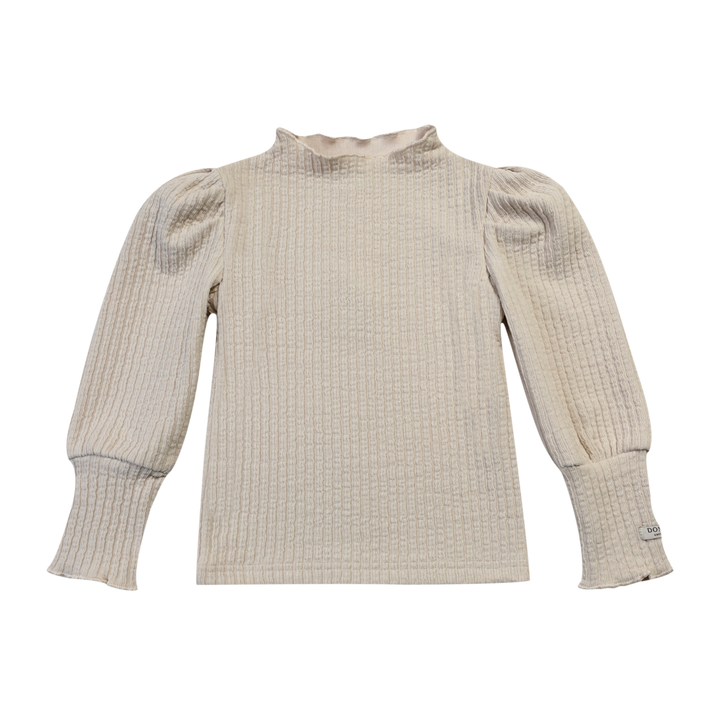 Langarmshirt für Mädchen in sandfarben mit gerippter Struktur, Turleneck und Puffärmeln