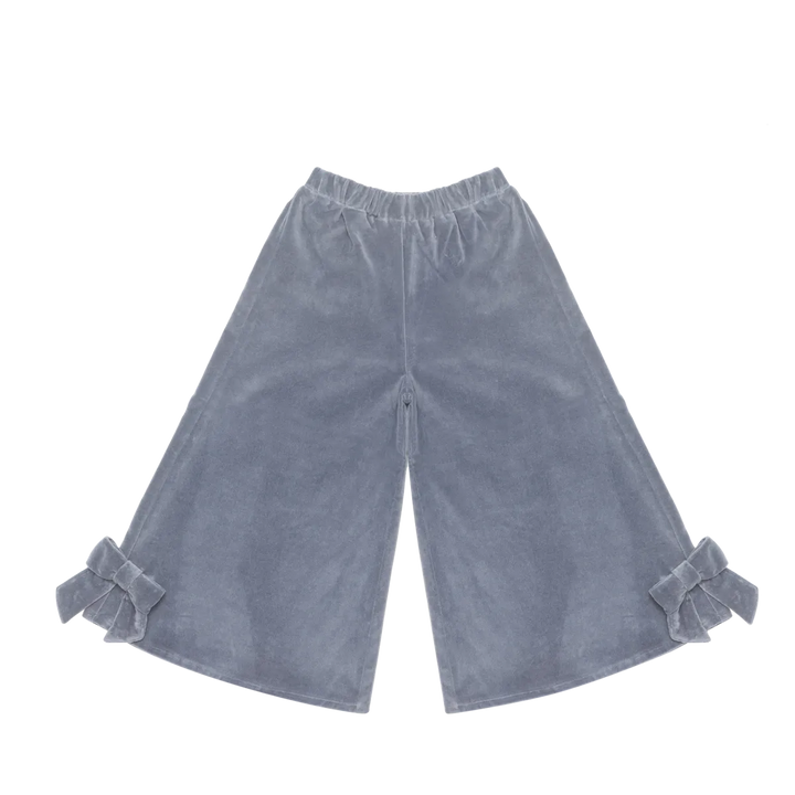 Hose für Mädchen aus Samt in blau mit weitem Bein und Schleifen am Saum