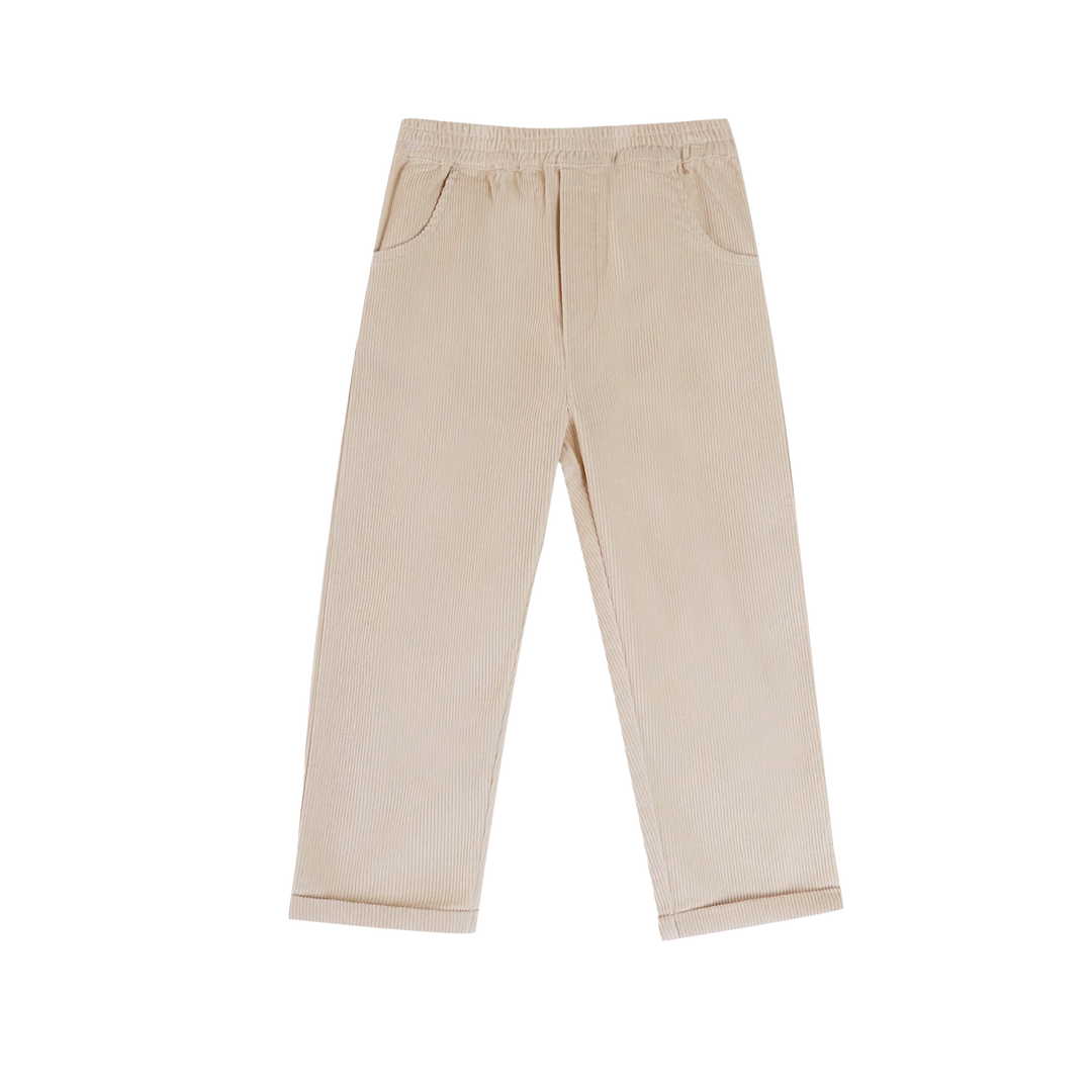 beigefarbene Cordhose für Kinder aus 98% Baumwolle und 2% Elasthan mit seitlichen Eingriffstaschen und elastischem Gummibund