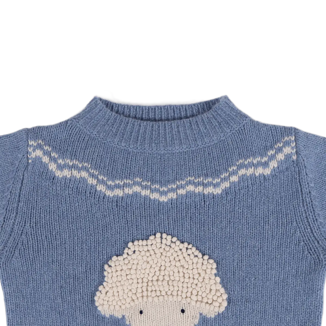 Donsje Selwyn Merino Wool Sweater Lammy vintage blue melange Detailansicht gerippter Rundhalsausschnitt. 