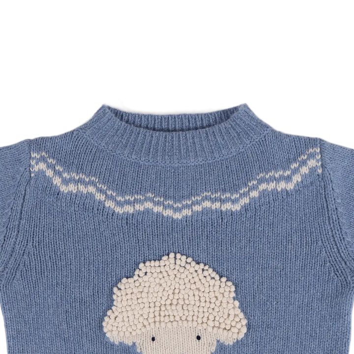Donsje Selwyn Merino Wool Sweater Lammy vintage blue melange Detailansicht gerippter Rundhalsausschnitt. 