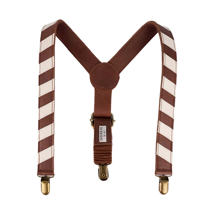 Hosenträger für Jungen aus Leder rotbraun weiß gestreift