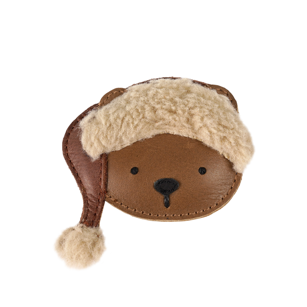 Klammer für Kinder für die Haare oder zum Anstecken aus Leder in Form eines Teddy-Gesichts mit Weihnachtsmütze