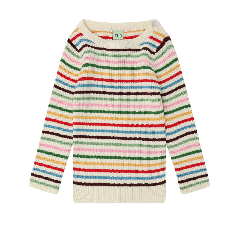 cremefarbener Rippstrick-Pullover für Babys aus GOTS zertifizierter Bio-Baumwolle mit bunten dünnen Streifen in rot, gelb, grün, rosa und blau, mit Rundhalsausschnitt und Knopf auf der linken Schulter, Produktbild, Ansicht Vorderseite