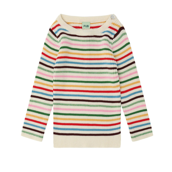 cremefarbener Rippstrick-Pullover für Babys aus GOTS zertifizierter Bio-Baumwolle mit bunten dünnen Streifen in rot, gelb, grün, rosa und blau, mit Rundhalsausschnitt und Knopf auf der linken Schulter, Produktbild, Ansicht Vorderseite