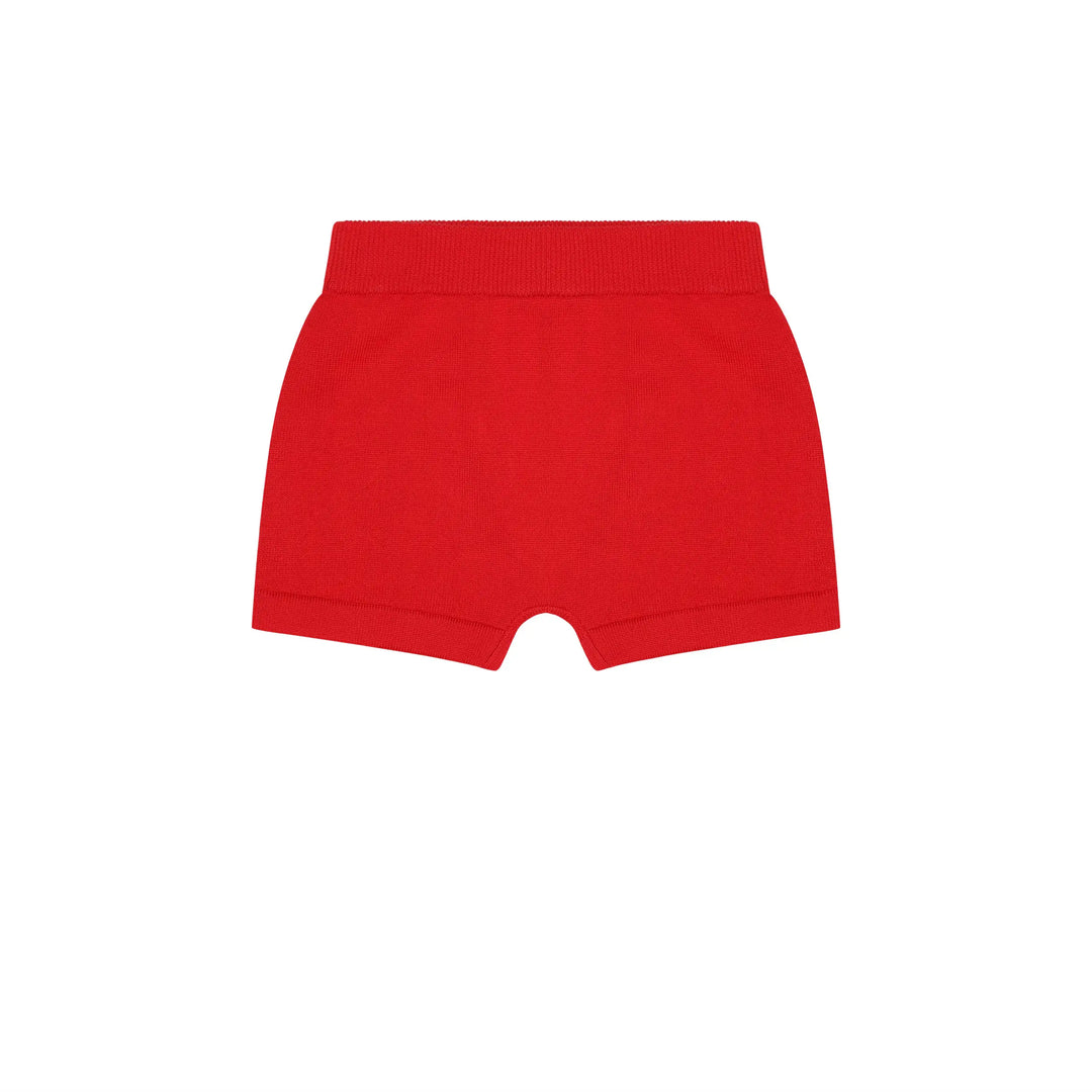 rote Feinstrick-Shorts für Babys aus GOTS zertifizierter Bio-Baumwolle mit breitem Bund, Produktbild, Ansicht Vorderseite
