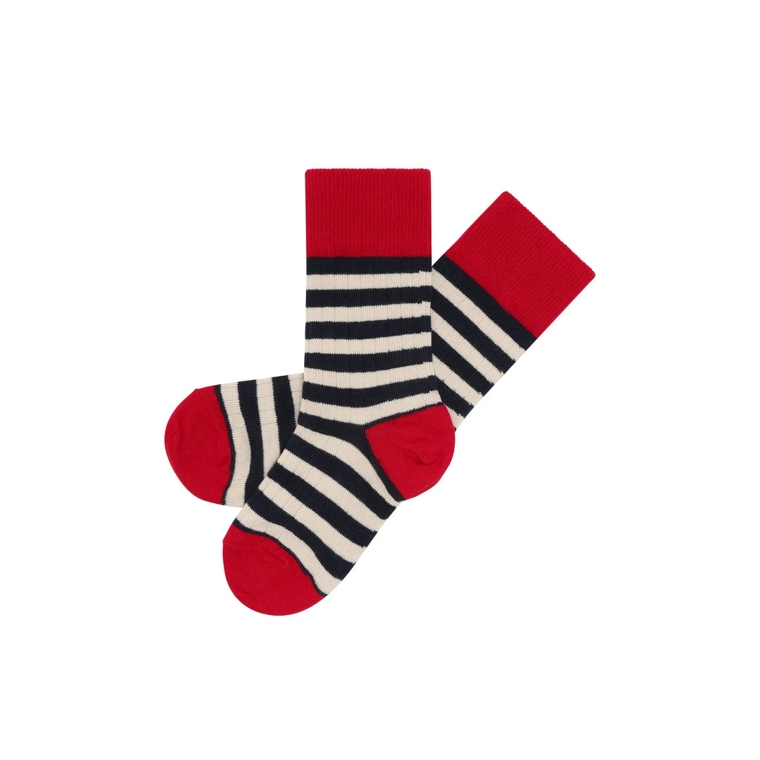 weiß-blau gestreifte Knöchelsocken für Kinder mit roter Fußspitze, Ferse und rotem Saum, aus Baumwolle, Polyamid und Elasthan