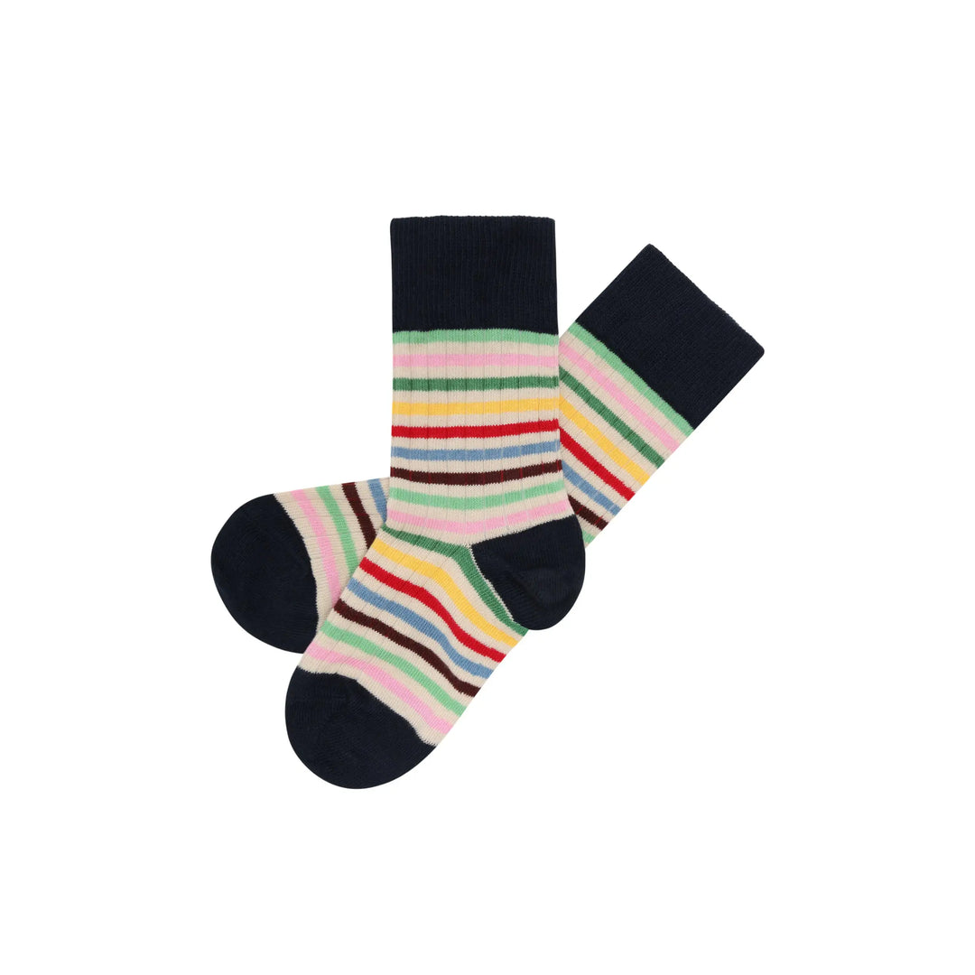 bunt gestreifte Knöchelsocken für Kinder mit dunkelblauer Spitze, Ferse und Saum aus Baumwolle, Polyamid und Elasthan