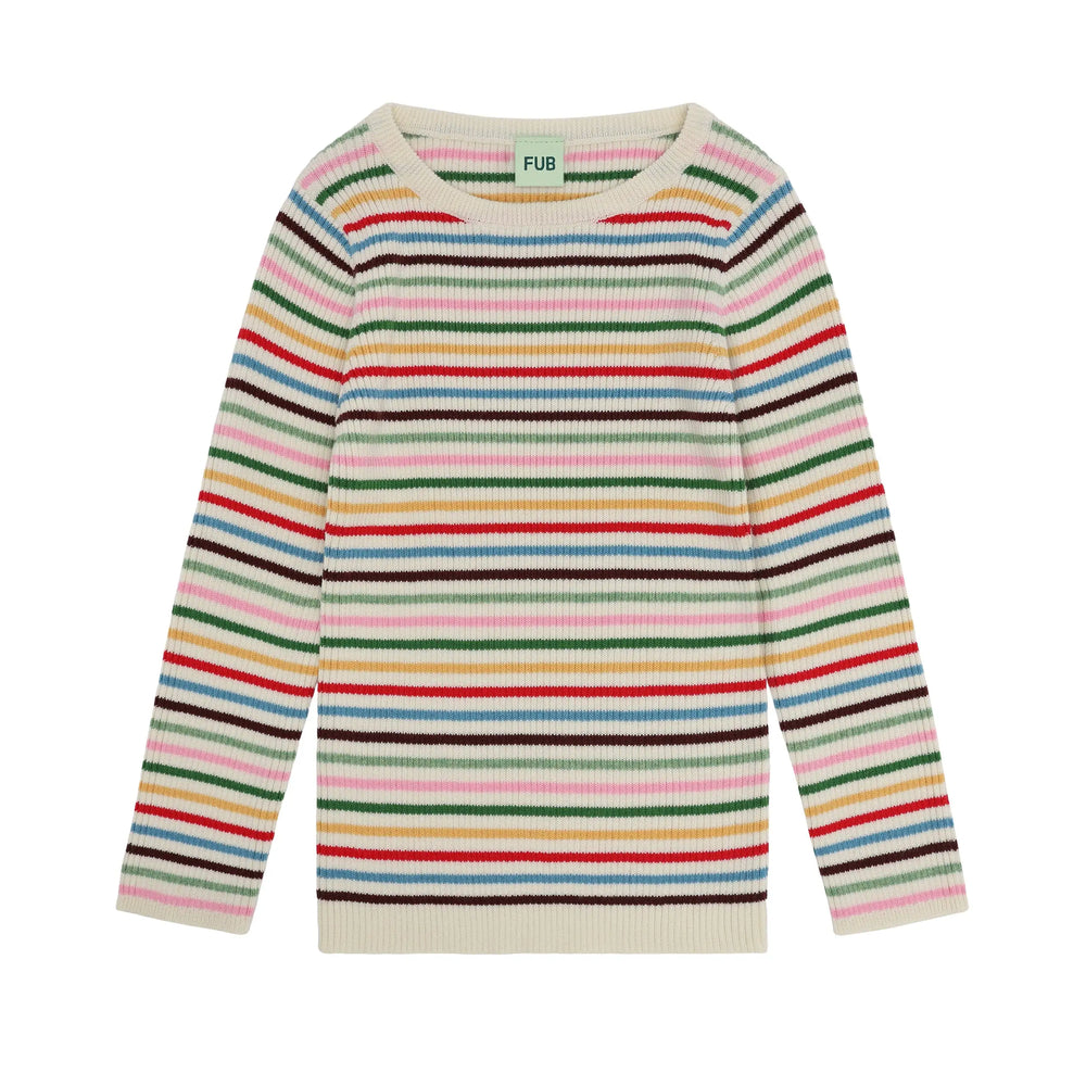 cremefarbener Rippstrick-Pullover für Kinder aus GOTS zertifizierter Bio-Baumwolle mit bunten dünnen Streifen in rot, gelb, grün, rosa und blau, mit Rundhalsausschnitt Produktbild, Ansicht Vorderseite