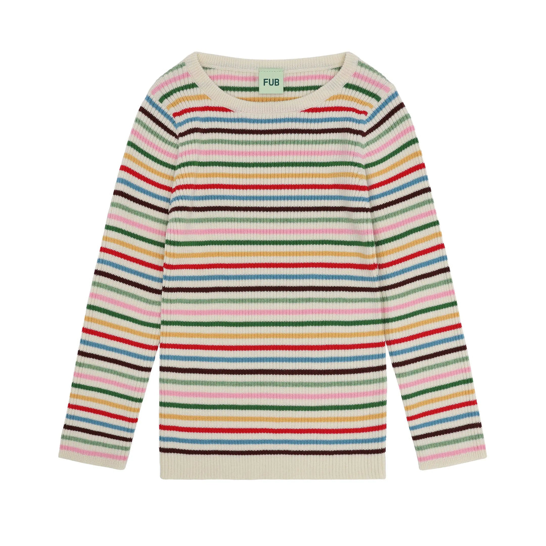 cremefarbener Rippstrick-Pullover für Kinder aus GOTS zertifizierter Bio-Baumwolle mit bunten dünnen Streifen in rot, gelb, grün, rosa und blau, mit Rundhalsausschnitt Produktbild, Ansicht Vorderseite