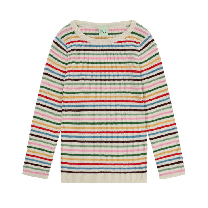 cremefarbener Rippstrick-Pullover für Kinder aus GOTS zertifizierter Bio-Baumwolle mit bunten dünnen Streifen in rot, gelb, grün, rosa und blau, mit Rundhalsausschnitt Produktbild, Ansicht Vorderseite