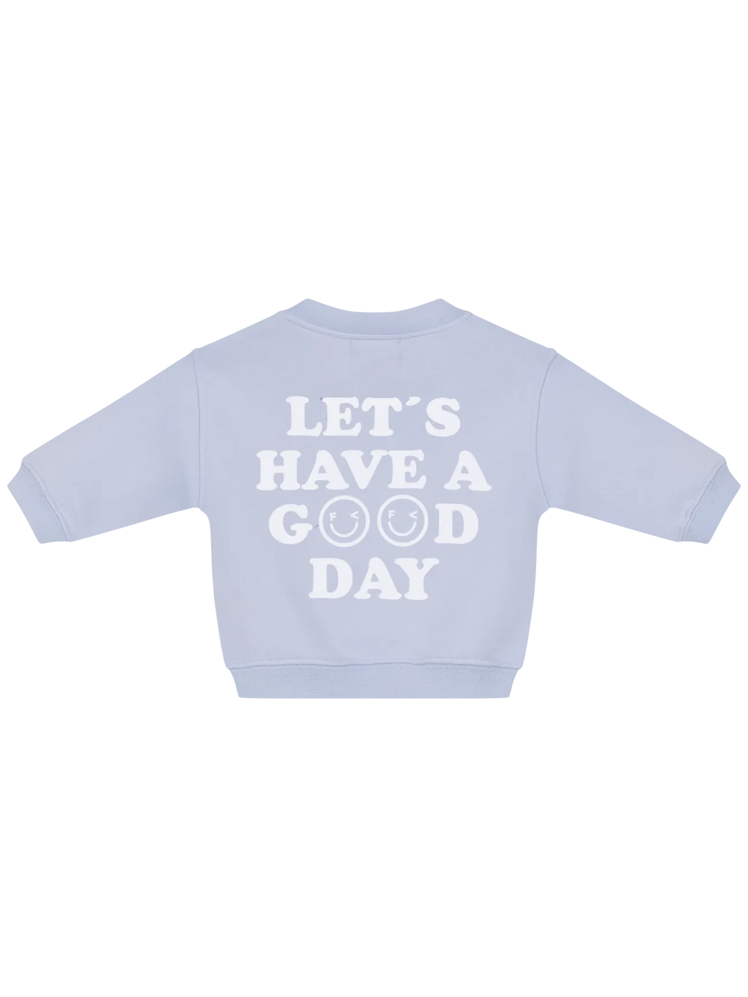 hellblaues Sweatshirt für Babys aus 100% Baumwolle mit gerippten Bündchen, Druckknöpfen auf der linken Schulter für leichtes An- und Ausziehen, dem Famvibes Logo vorne auf Höhe der linken Brust und einem Print auf dem Rücken "Let's have a good day"