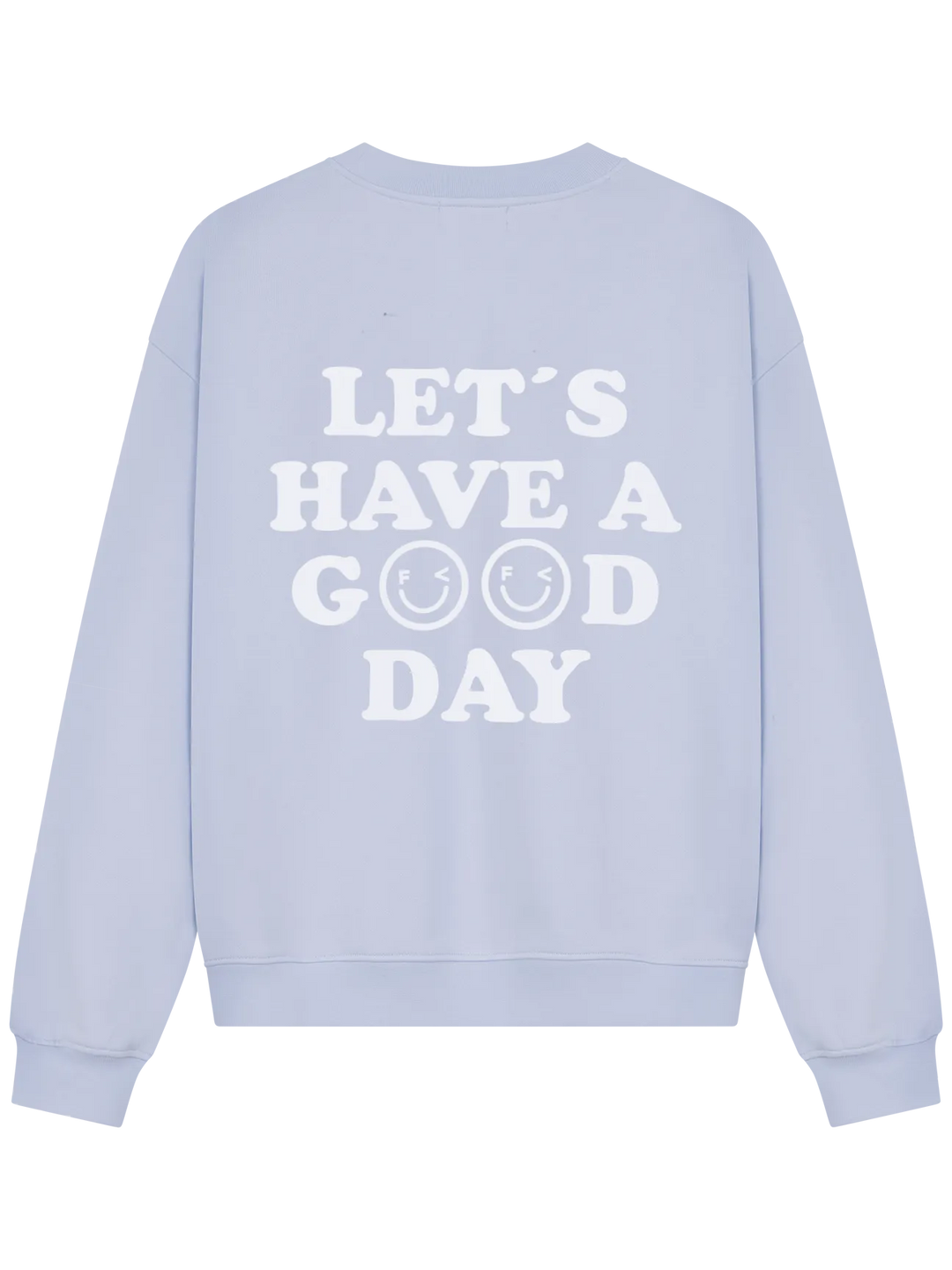 hellblaues Sweatshirt für Erwachsene aus 100% Baumwolle mit gerippten Bündchen, Famvibes Logo aufgestickt auf Höhe der linken Brust und Print auf dem Rücken "let's have a good day"