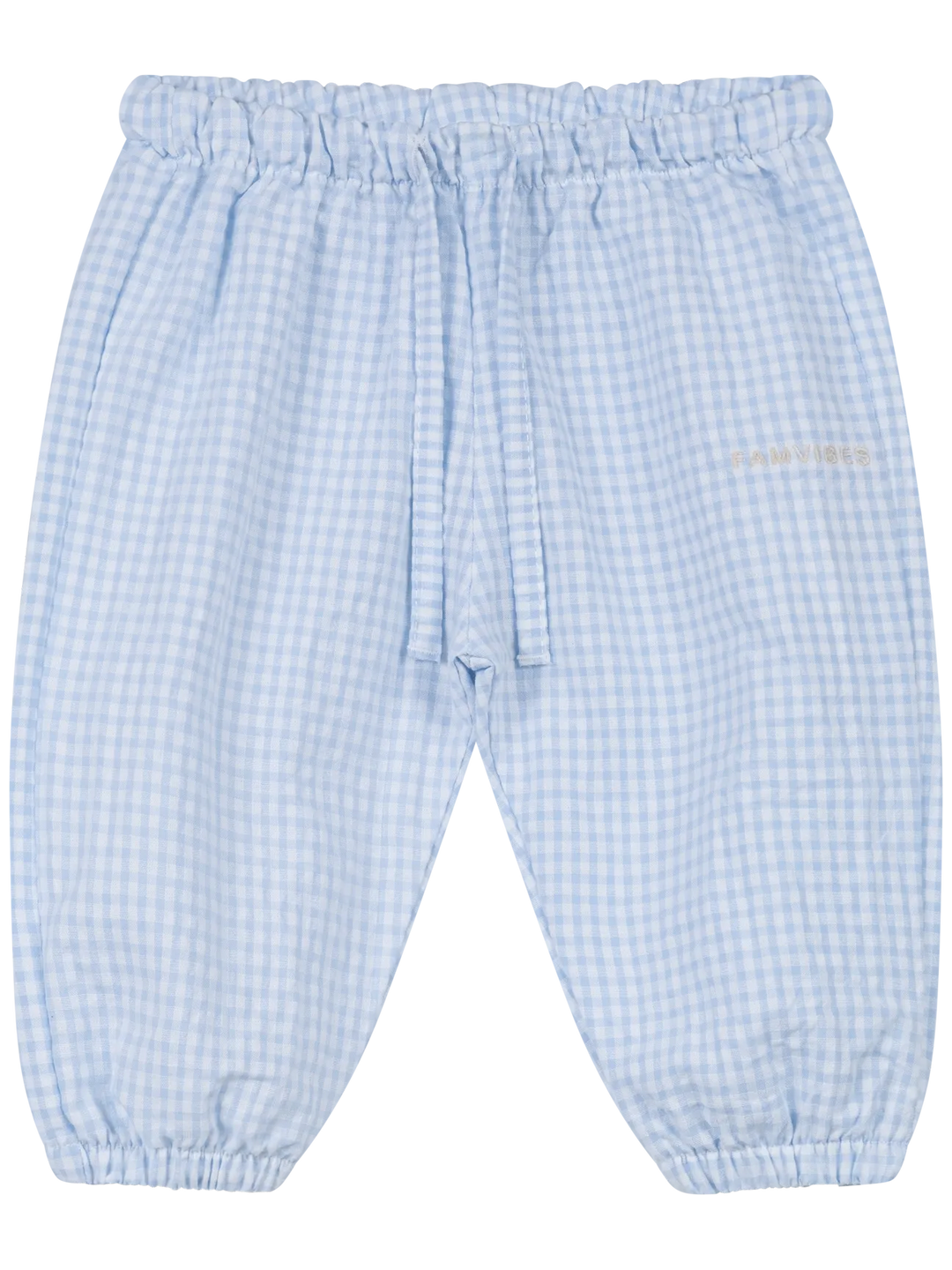 Hose für Babys aus Baumwollgemisch mit hellblau-weißem Vichy-Karo und Gummibund am Bauch sowie an den Fußabschlüssen