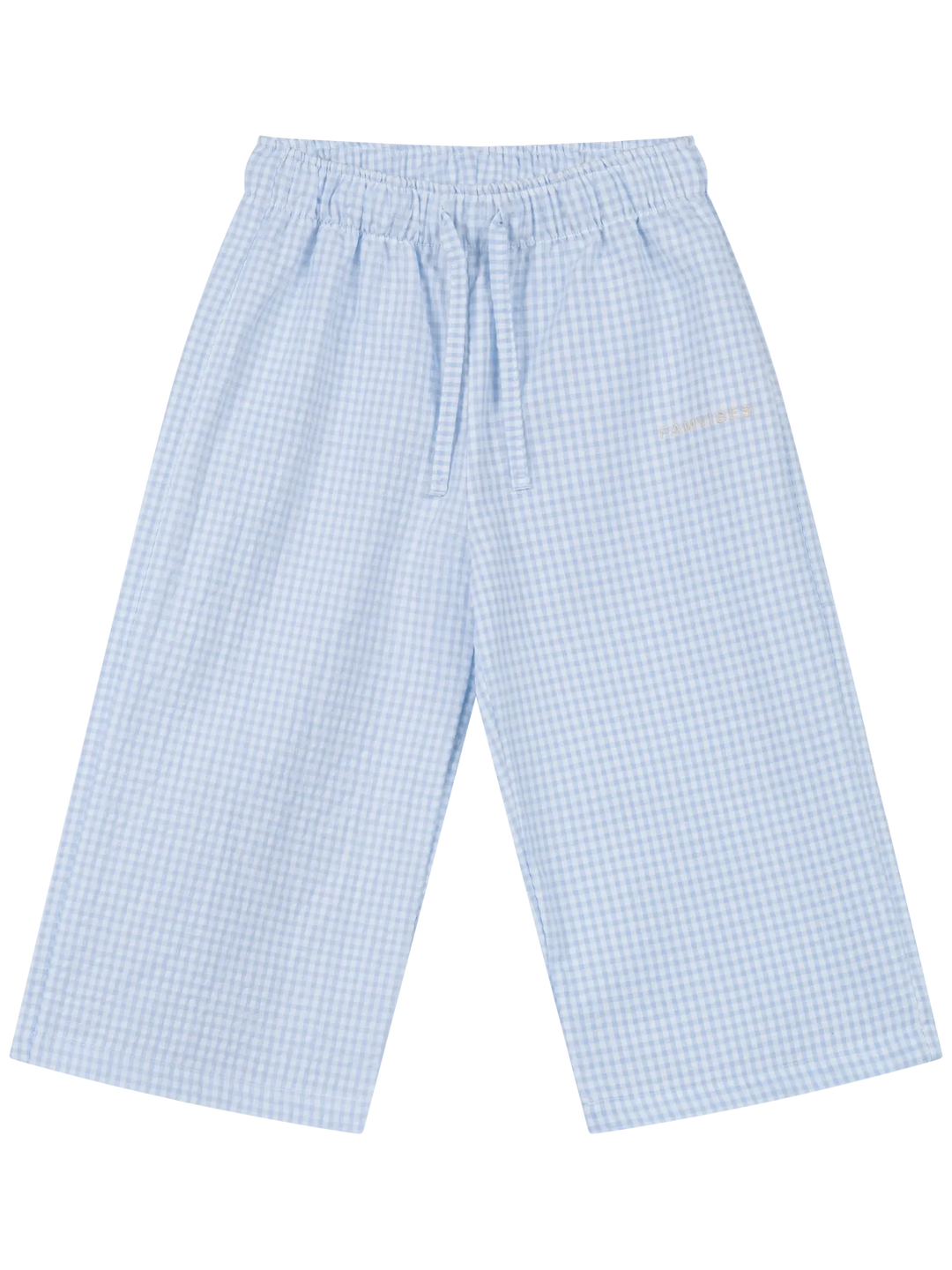 Hose für Kinder aus Baumwollgemisch mit hellblau-weißem Vichy-Karomuster, geradem Bein und Gummibund, Produktbild, Ansicht von vorne