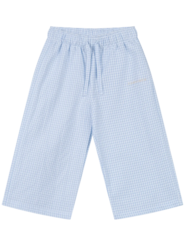 Hose für Kinder aus Baumwollgemisch mit hellblau-weißem Vichy-Karomuster, geradem Bein und Gummibund, Produktbild, Ansicht von vorne