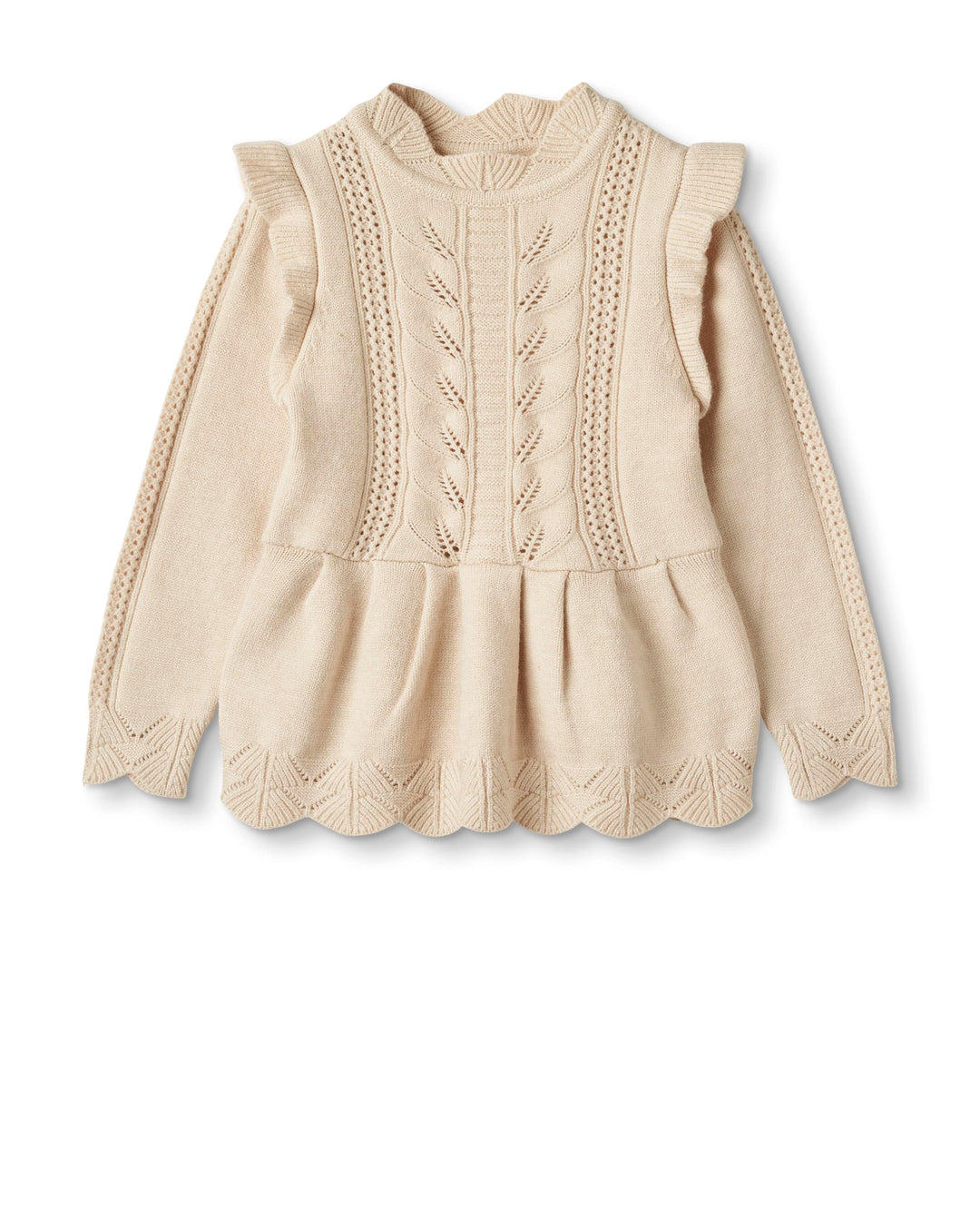 Strickpullover für Mädchen im Peplum-Stil aus Ecovero Viskose in cremefarben mit Rüschen an den Schultern und Strickmuster am Saum und am Rundhalsausschnitt
