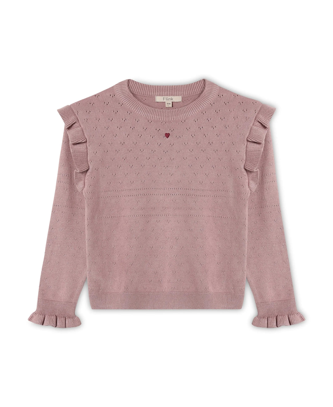 altrosafarbener Pullover für Mädchen aus Ecovero Viskose mit Rundhalsausschnitt und Pointelle Muster. Am Saum der Ärmel und der Schultern befinden sich Rüschen. 