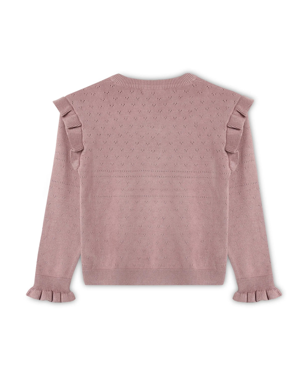 Fliink FAME O-NECK BLOUSE WOODROSE Ansicht von hinten mit Blick auf das Pointelle Muster und auf die Rüschen an den Ärmeln und Schultern