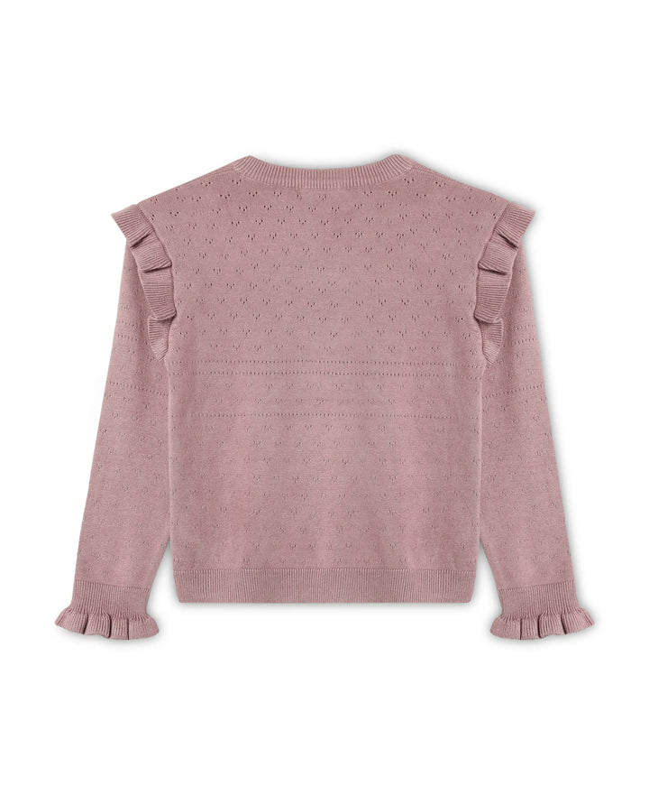 Fliink FAME O-NECK BLOUSE WOODROSE Ansicht von hinten mit Blick auf das Pointelle Muster und auf die Rüschen an den Ärmeln und Schultern