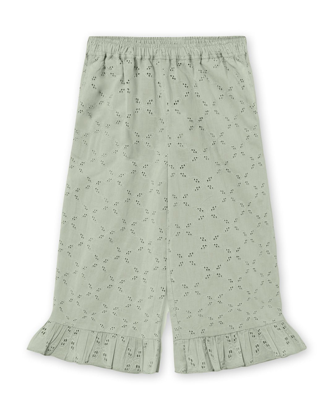 graugrüne Hose für Mädchen aus Baumwolle mit Broderie Anglaise Lochmuster, weitem Bein mit Rüschen am Saum und Gummibund sowie zwei seitlichen Eingriffstaschen 