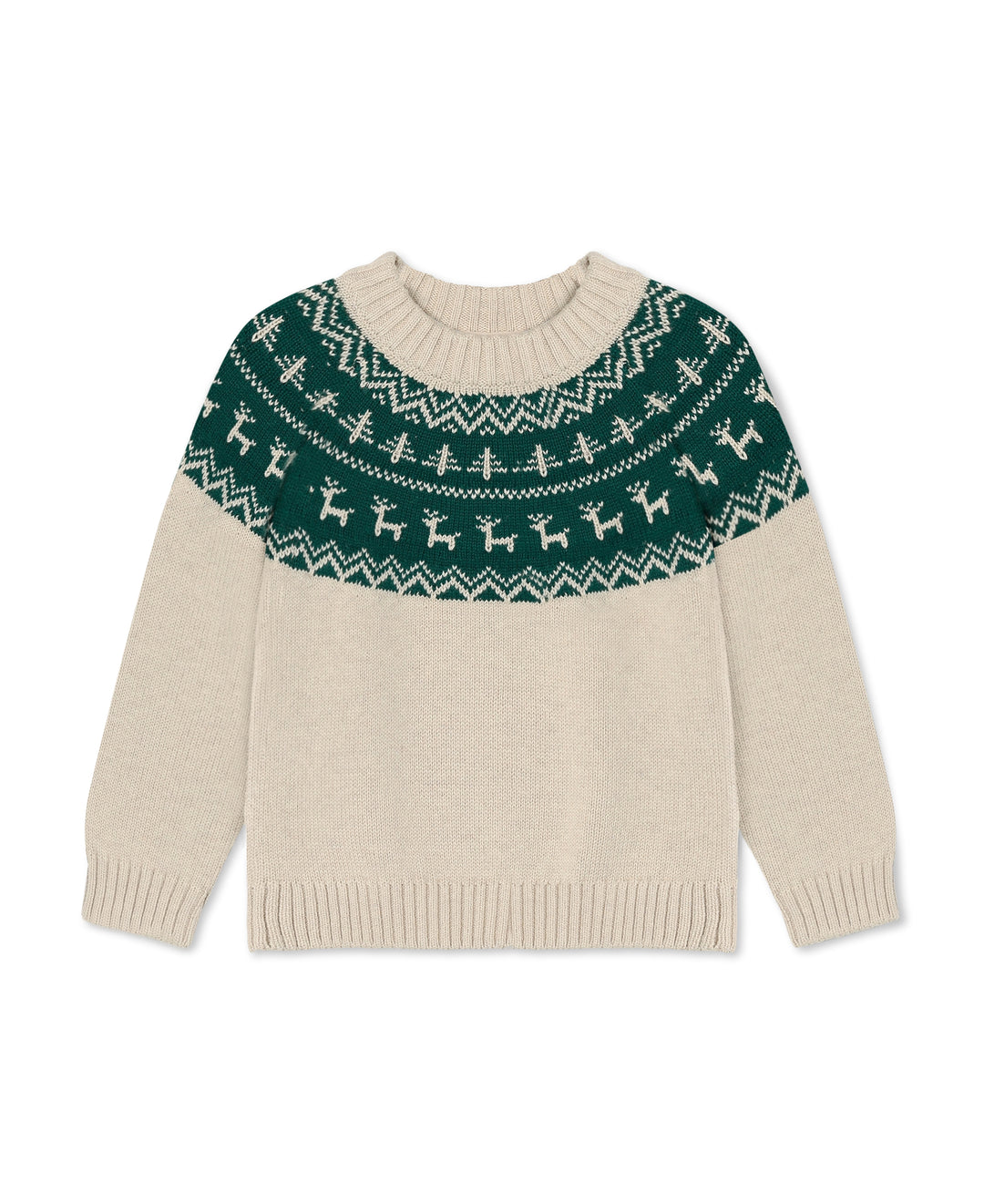 cremefarbener Woll-Pullover mit grünem Rentier-Muster im Norweger-Stil