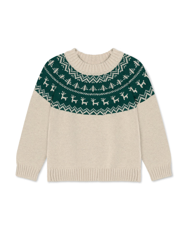cremefarbener Woll-Pullover mit grünem Rentier-Muster im Norweger-Stil