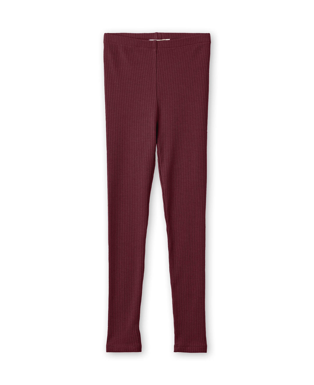 weinrote Leggings für Mädchen in gerippter Struktur mit eng anliegendem Bein. Produktbild, Ansicht von vorne. 