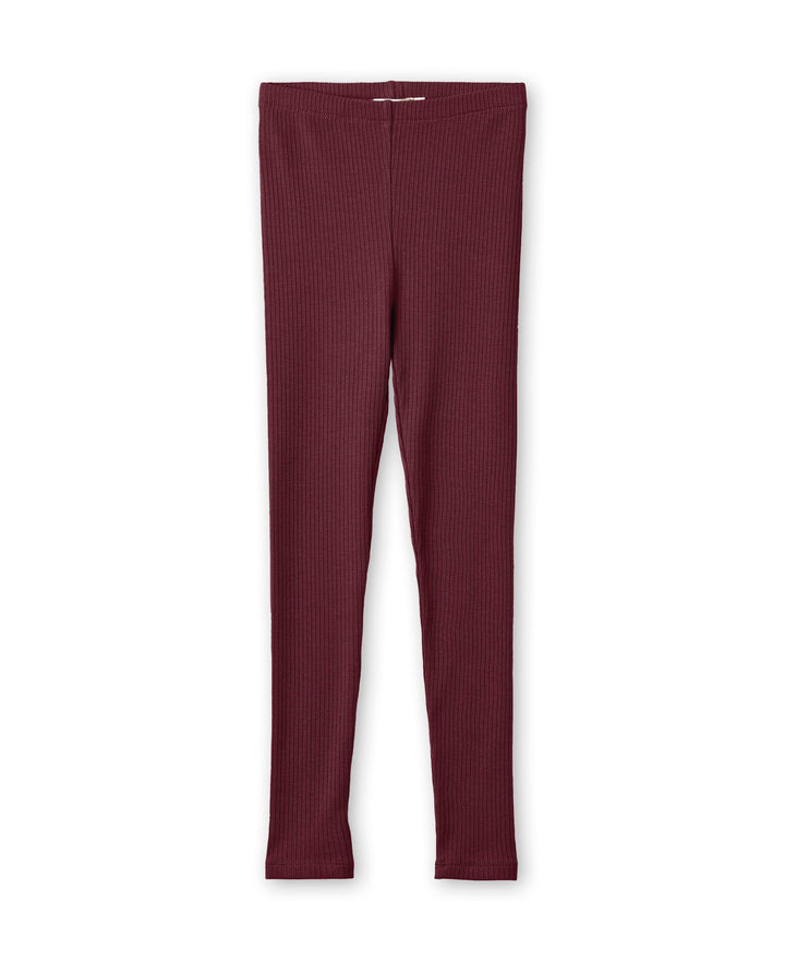weinrote Leggings für Mädchen in gerippter Struktur mit eng anliegendem Bein. Produktbild, Ansicht von vorne. 