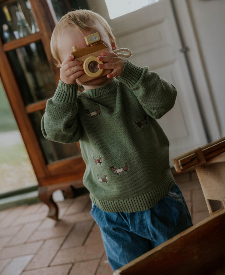 Fliink Mahdi Dog Pullover hedge green getragen von einem Kleinkind Ansicht von vorne etwas weiter weg