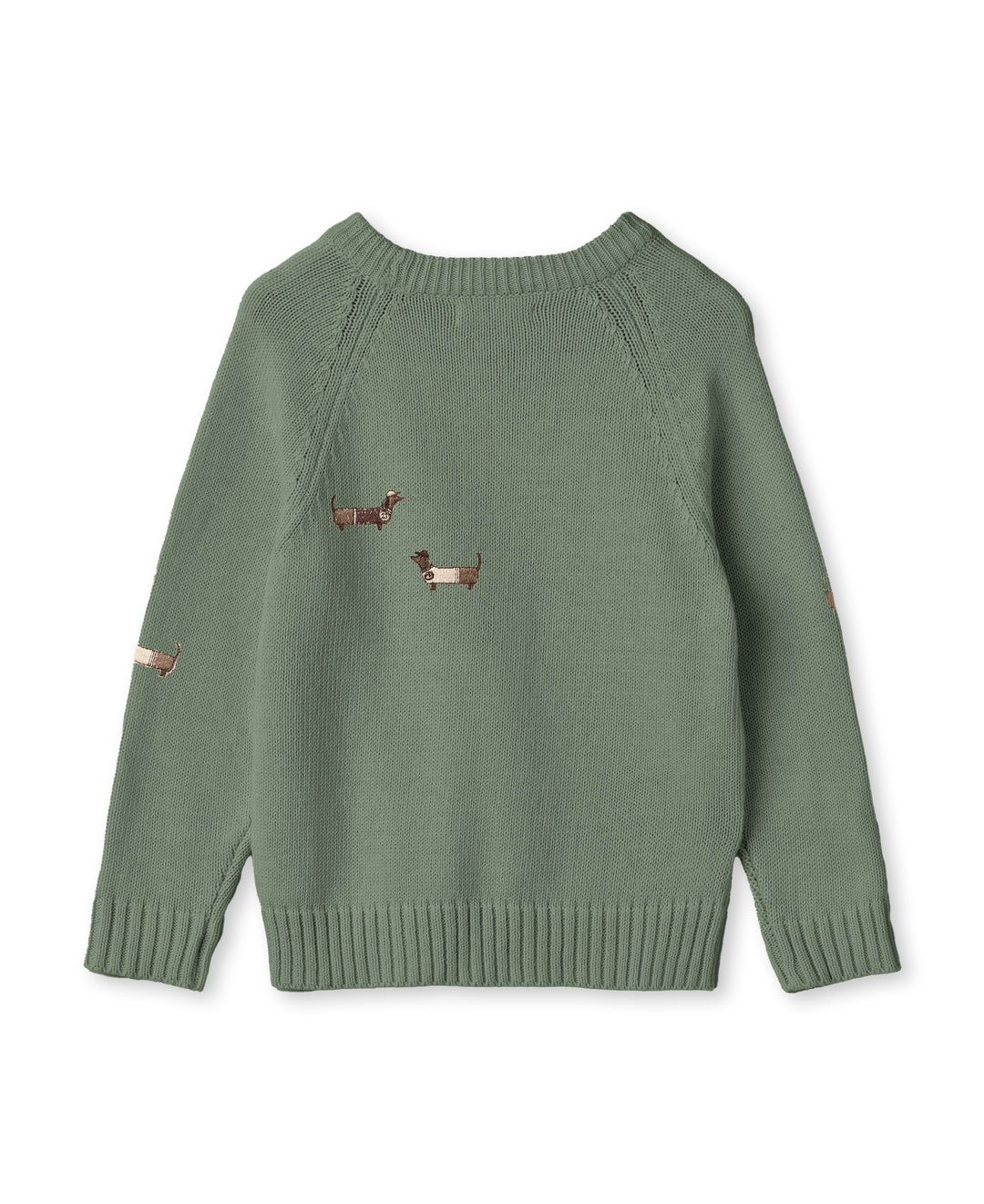 Fliink Mahdi Dog Pullover hedge green Ansicht von hinten mit Sicht auf zwei auch auf dem Rücken aufgestickten Dackeln 