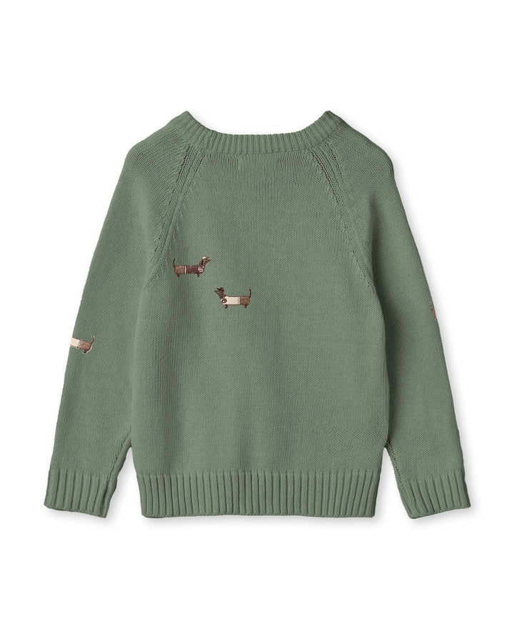 Fliink Mahdi Dog Pullover hedge green Ansicht von hinten mit Sicht auf zwei auch auf dem Rücken aufgestickten Dackeln 