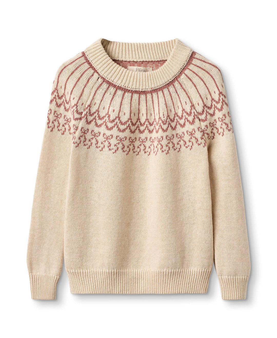 cremefarbener Pullover für Mädchen aus Baumwolle mit rosafarbenem Jacquardmuster mit Schleifen und Rundhalsausschnitt