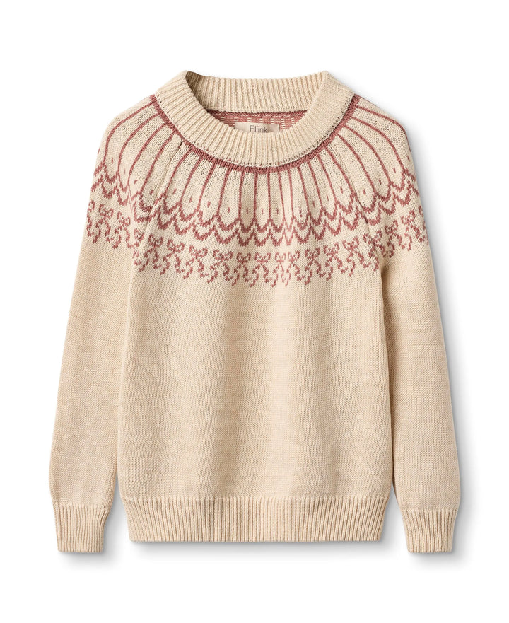 cremefarbener Pullover für Mädchen aus Baumwolle mit rosafarbenem Jacquardmuster mit Schleifen und Rundhalsausschnitt