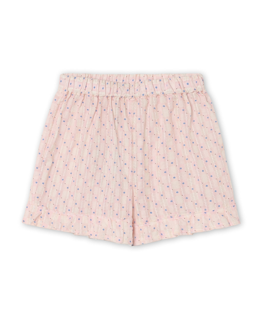 rosafarbene Shorts für Mädchen aus Baumwolle mit feinem blauem Blümchenmuster, Gummibund und Rüschen am Beinabschluss