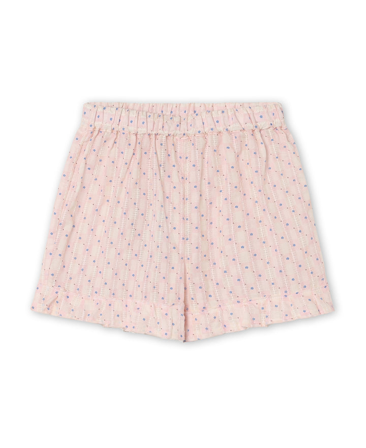 rosafarbene Shorts für Mädchen aus Baumwolle mit feinem blauem Blümchenmuster, Gummibund und Rüschen am Beinabschluss