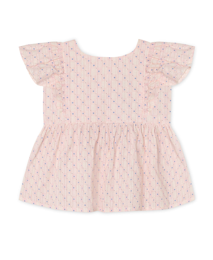 rosafarbene kurzärmelige Bluse für Mädchen aus Baumwolle mit blauem Blümchenmuster, Flügelärmeln, Rundhalsausschnitt und leichtem Peplum-Schnitt