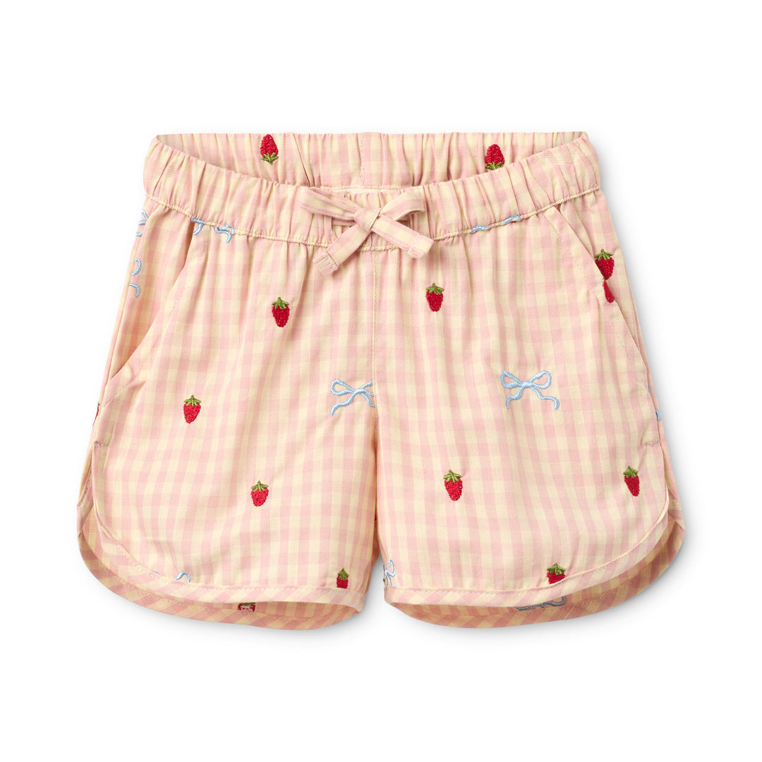 rosa weiß karierte Shorts für Mädchen aus Baumwolle mit aufgestickten Erdbeeren und Schleifen, mit Gummibund und Kordelzug