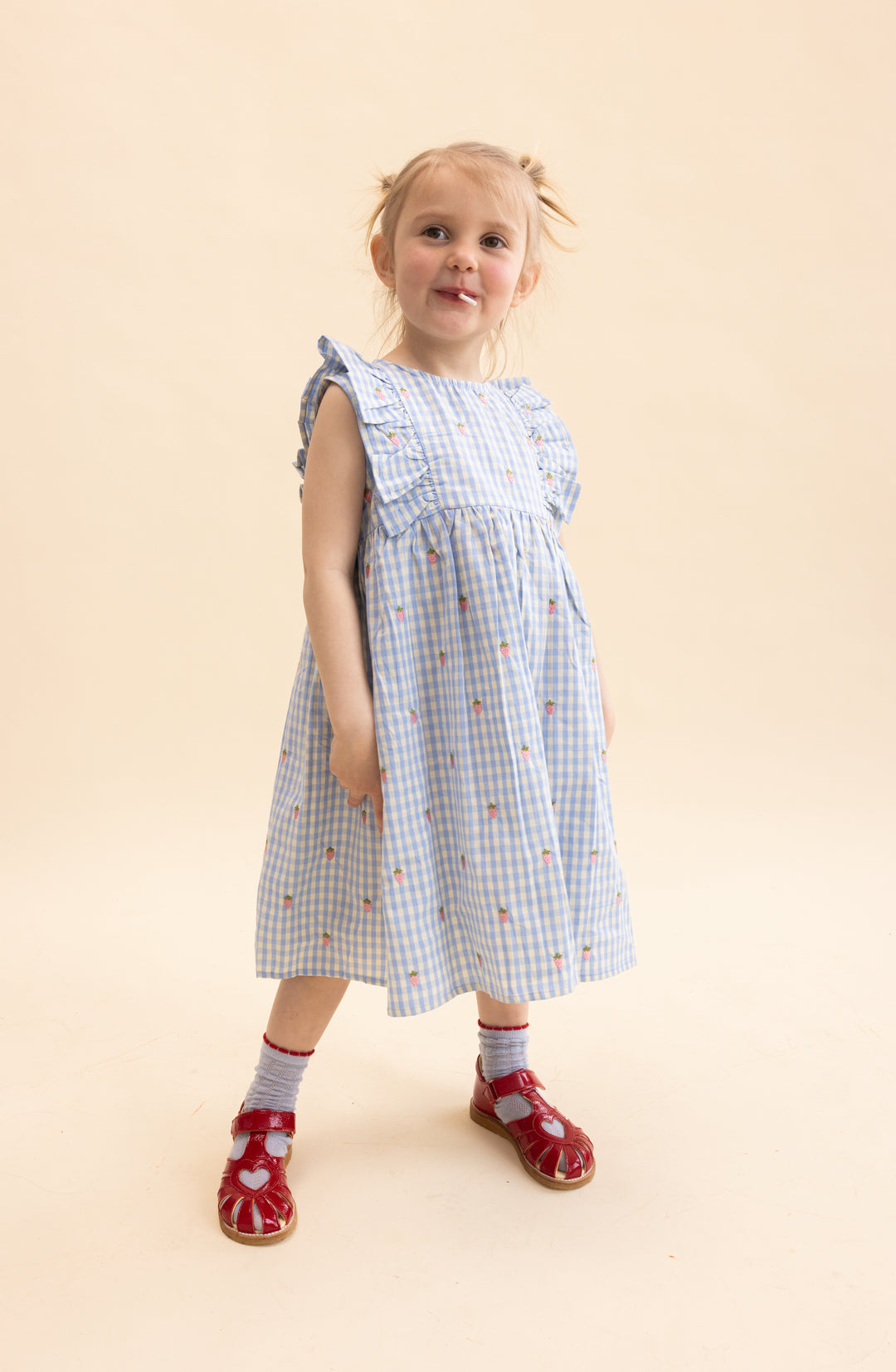 Floess Mille SL Dress Sky Berry Gingham getragen von einem Mädchen, Ansicht von vorne