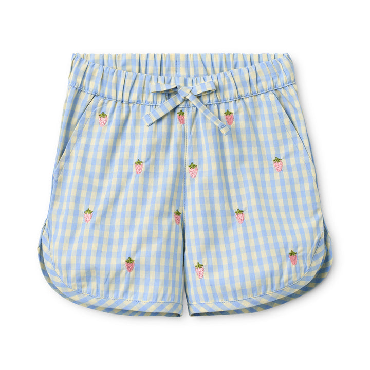 hellblau weiß karierte Shorts für Mädchen aus Baumwolle mit aufgestickten rosafarbenen Erdbeeren, Gummibund und verstellbarem Kordelzug
