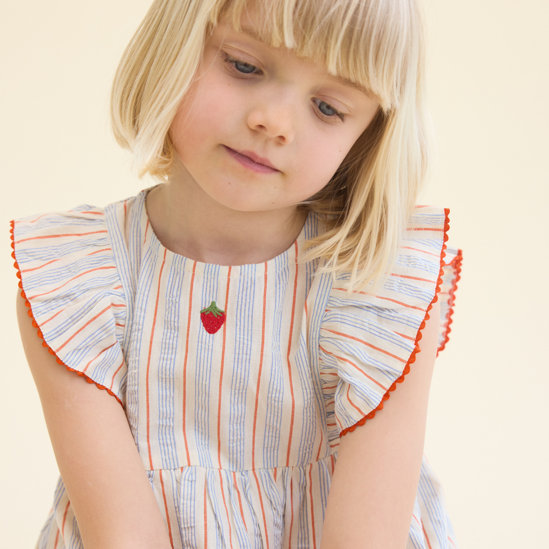 Floess Robin Dress blue-tangerine stripe getragen von einem Mädchen vor hell-gelbem Hintergrund, Nahaufnahme mit Fokus auf Flügelärmchen und gestickter Erdbeere 