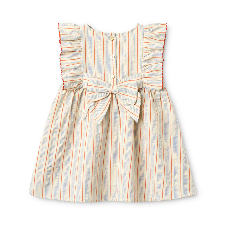 Floess Robin Dress blue-tangerine stripe, Produktbild, Ansicht von hinten, drei Knöpfe auf dem Rücken, unterhalb der Knöpfe eine Zierschleife aus dem identischen Material und Muster